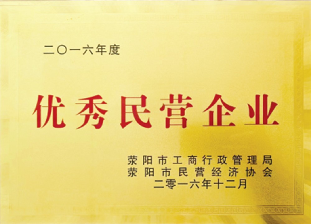 优 秀民营企业证书